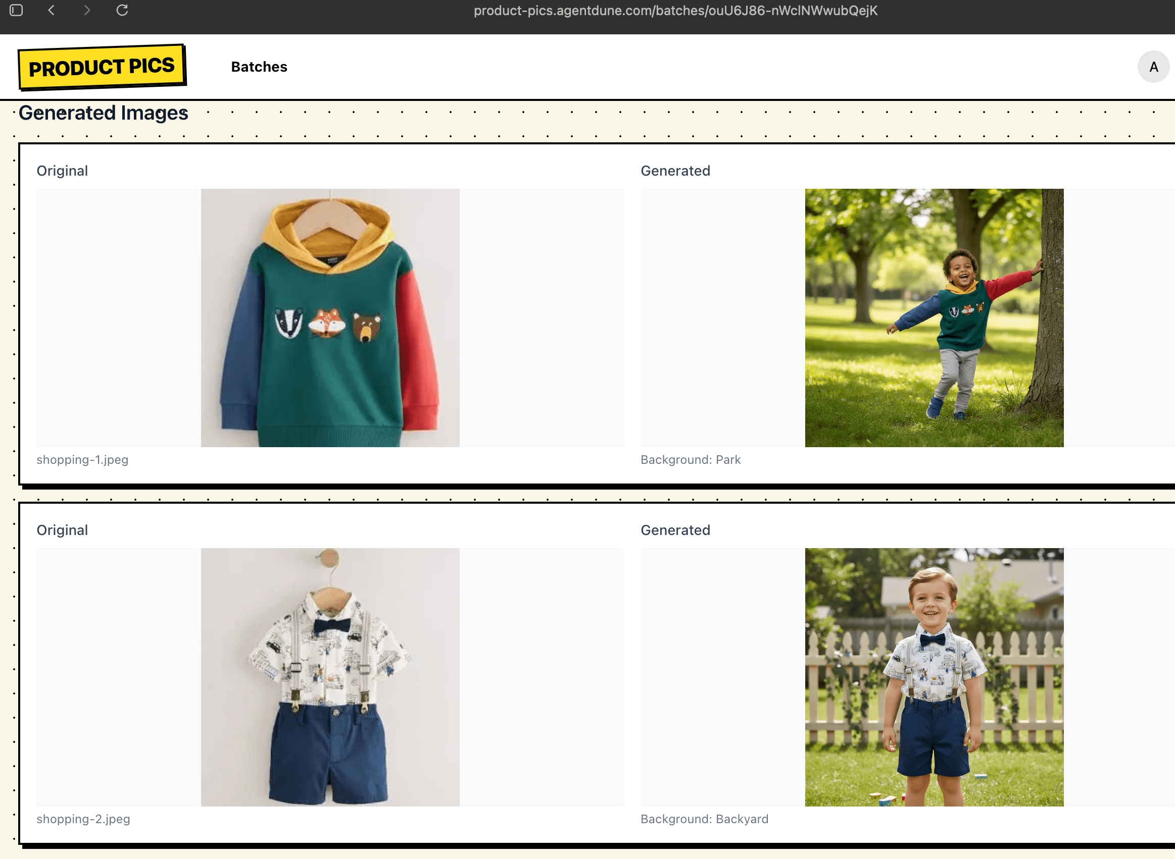 Product Pics batch showing an original apparel image beside the generated lifestyle photograph
